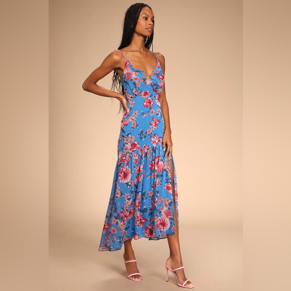Tropical Skies Blue Multi Floral Print Sleeveless Maxi Dress